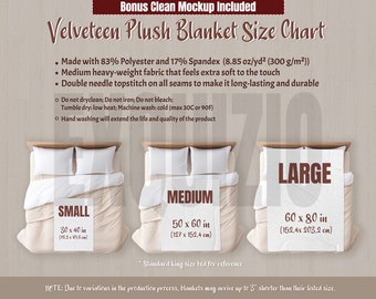 Samtplüschdecke Größentabelle Printify Blanket Size Guide Mockup Wurfdecke Samtplüsch Minky Fleecedecke Sizing Mockup