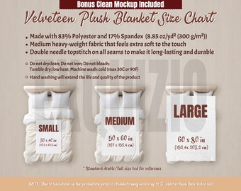 May include: Size chart for a velveteen plush blanket. The chart shows three sizes: small (30 x 40 inches), medium (50 x 60 inches), and large (60 x 80 inches). The blanket is made with 83% polyester and 17% spandex and is described as medium weight and soft to the touch.
