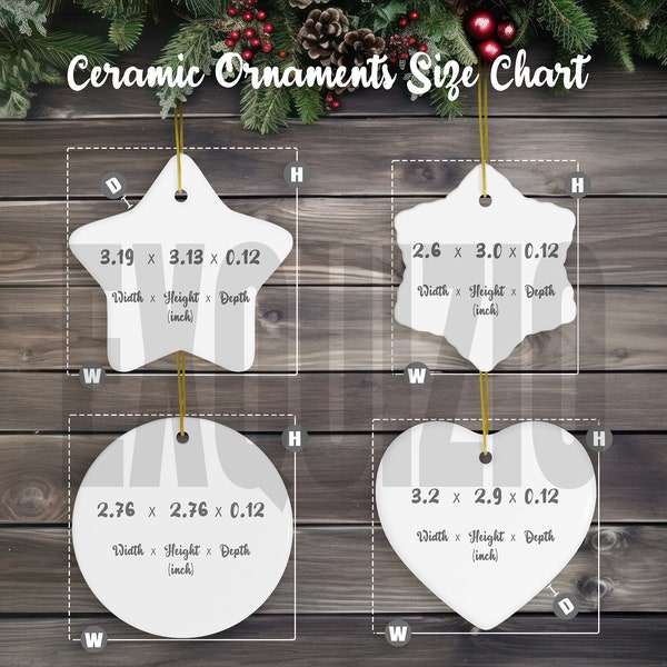 Ceramic Ornament 4 Shapes Size Chart Mockup Christmas Ornament Size Template for Holiday Ornament 4 Shapes Printify Ornament Sizing Mock up