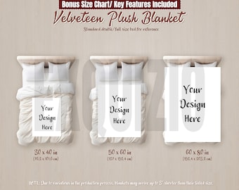 May include: Three white velveteen plush blankets of different sizes on a bed. The blankets are shown with a mock-up of a design that can be customized. The sizes are 30 x 40 inches (76.2 x 101.6 cm), 50 x 60 inches (127 x 152.4 cm), and 60 x 80 inches (152.4 x 203.2 cm).