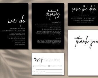 Modern Wedding Invitation Template Set, Black and White Wedding Invite, Editable & Printable Set, Instant Download