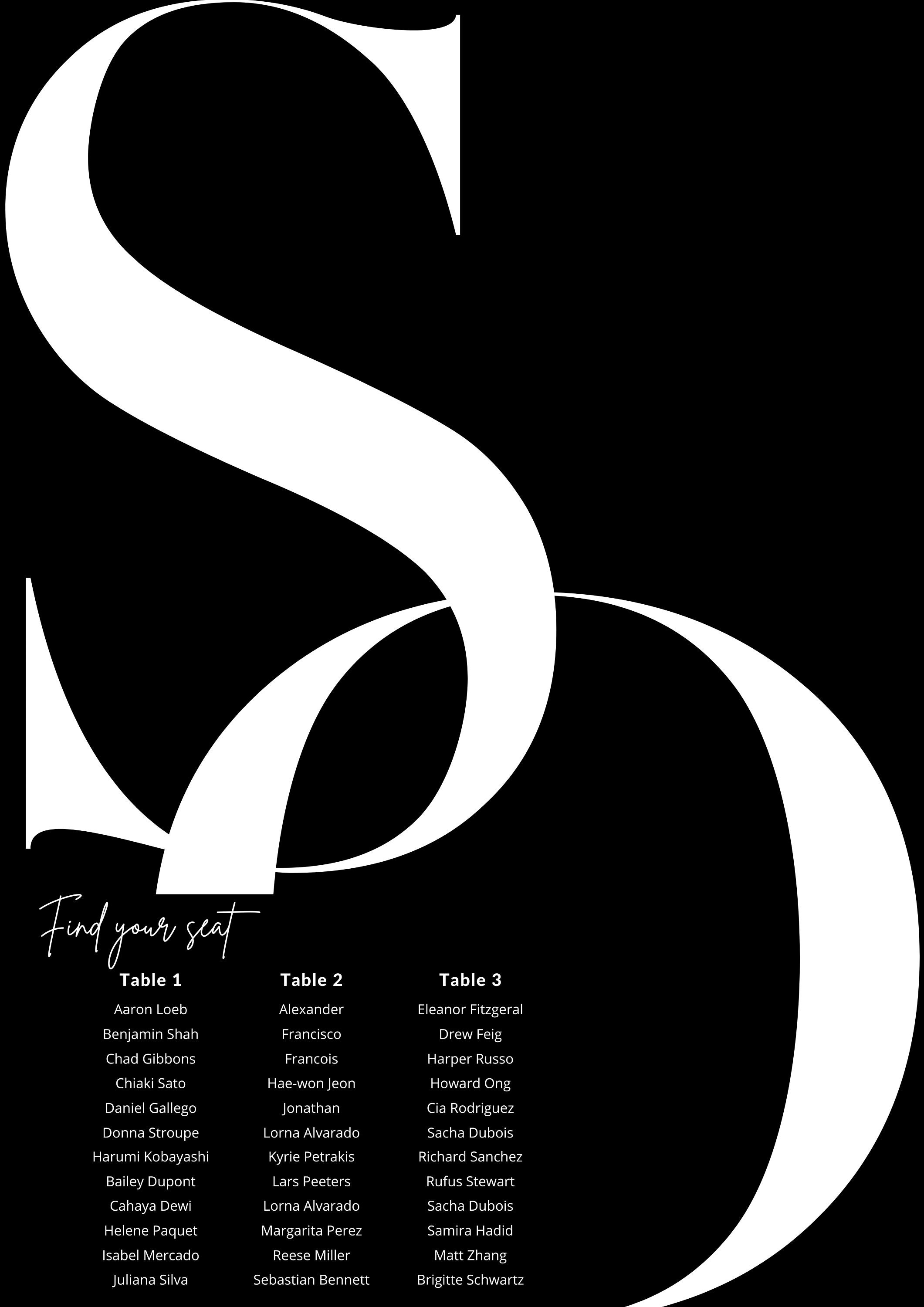 Modern Black & White Wedding Seating Chart Template, Instant Download