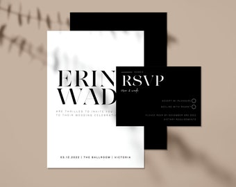 Modern Wedding Invitation Template, Black and White Wedding Invite, Editable & Printable Set, Instant Download