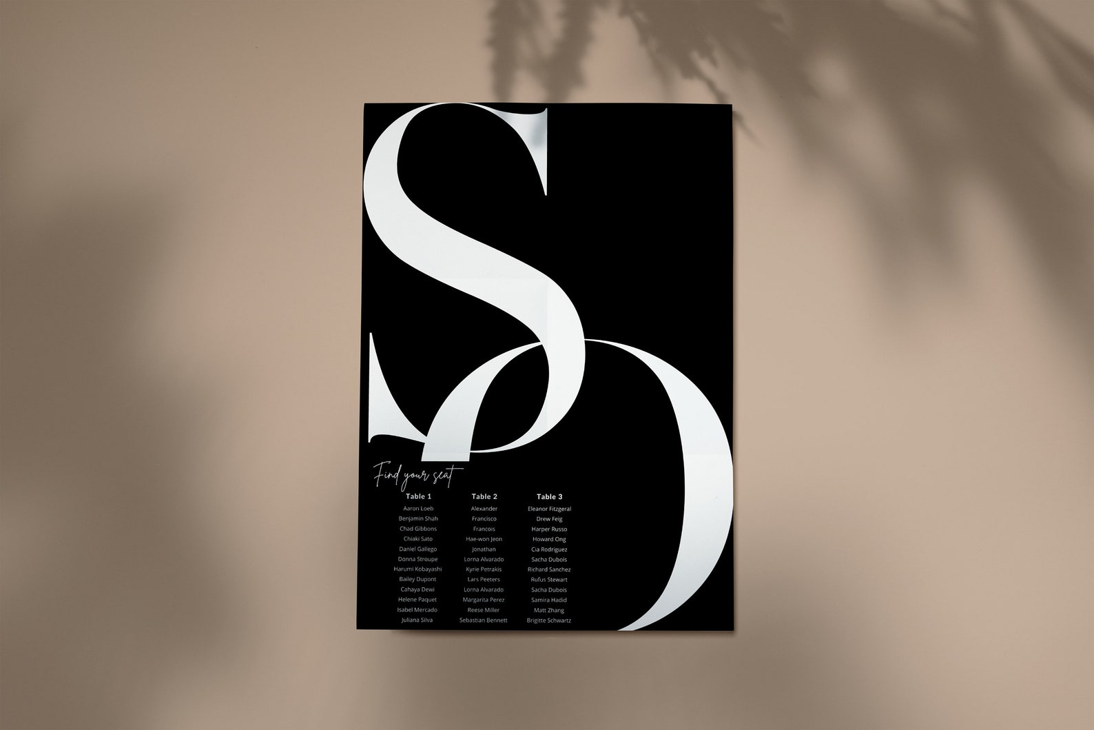 Modern Black & White Wedding Seating Chart Template, Instant Download