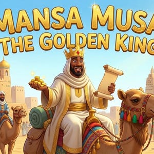 May include: Illustration of Mansa Musa, the Golden King, riding a camel, holding gold coins and a scroll. The image features a desert city with camels and people. The title "MANSA MUSA: THE GOLDEN KING" is displayed in gold letters.