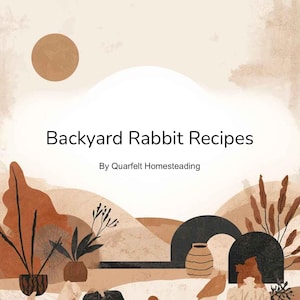 May include: A book cover with the title "Backyard Rabbit Recipes" and the author's name, "By Quarfelt Homesteading." The design features a warm color palette with illustrations of plants, pottery, and abstract shapes, creating a rustic aesthetic.