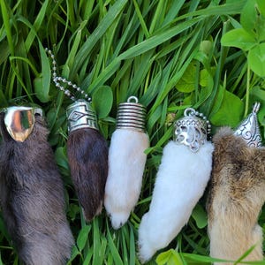 Può includere: Cinque ciondoli a forma di zampa di animale con cappucci in metallo color argento e attacchi a catena. Le zampe variano di colore, dal marrone scuro al bianco e al beige, su uno sfondo di erba verde e trifogli.