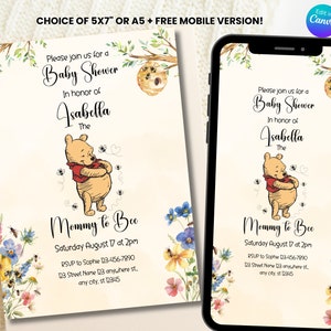 Editable Winnie The Pooh Baby Shower Invitation, Winnie Pooh Invitation, Mommy to Bee Invite, Gender Neutral, Printable Instant Download