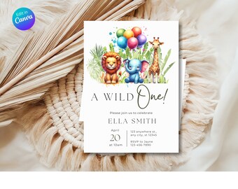 Editable Wild One 1st Birthday Party Invitation, Jungle Safari Animals Birthday Party Invite Template, DIGITAL DOWNLOAD