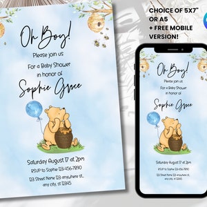 Editable Winnie The Pooh Baby Shower Invitation, Winnie Pooh Invitation, Oh Baby Pooh Invite, Blue Printable Template Instant Download