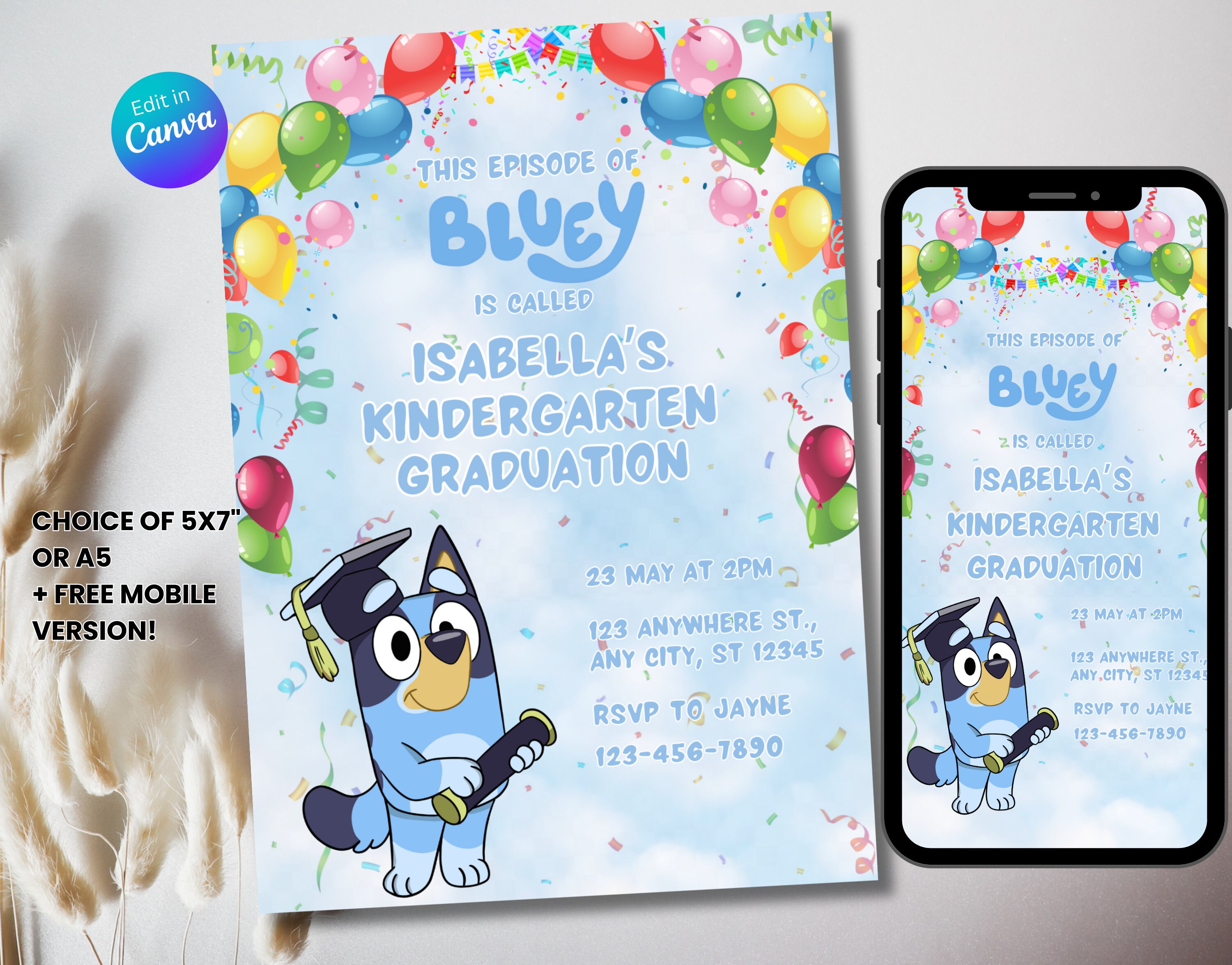 Bluey Graduation Invitation Template Digital Bluey Girl Invite Girl Party Invite Canva Invite School Graduation Summer Party