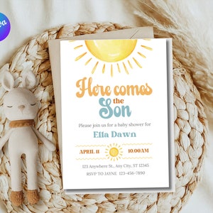 Editable here comes the son baby shower sun boho invite