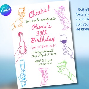 Birthday Party Invitation, Hand Drawn Cheers Scribble Cocktail Invitation, 30th, 40th, 50th, Birthday Invite, Cin Cin Canva Template