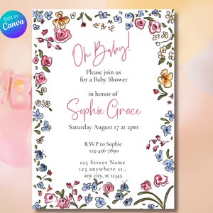 Editable Hand Drawn Baby Shower Invite, Minimalist Baby Shower Invitation, Whimsical Shower Invitation, Handwritten Baby Sprinkle Invitation