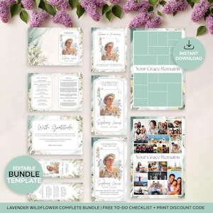 Puede incluir: Un conjunto de plantillas de papelería conmemorativa con un diseño floral. Las plantillas incluyen una foto de una mujer, el texto "Celebrating the Life of Sydney Lewis" y otro texto. También se ven las palabras "Descarga instantánea".