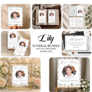 Puede incluir: Un paquete funerario con siete plantillas editables. Las plantillas incluyen tarjetas conmemorativas, una tarjeta de agradecimiento y un letrero. Los diseños presentan una foto de una mujer, detalles florales y las palabras "Share a Memory".
