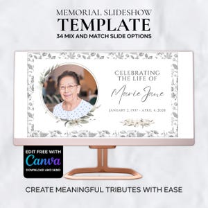 May include: A computer monitor displays a memorial slideshow template. The screen shows a photo of a woman, surrounded by floral accents, with the text "Celebrating the Life of Marie Jane." The monitor has a rose gold stand and frame. Text on the screen reads "Memorial Slideshow Template."
