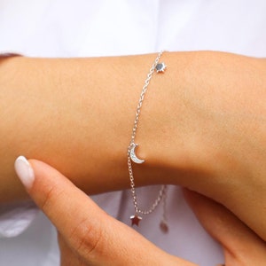 Zilveren sterarmband, sierlijke armband, maanarmband, vriendschapsarmband zon en maan, verjaardagscadeau, armband zon en maan
