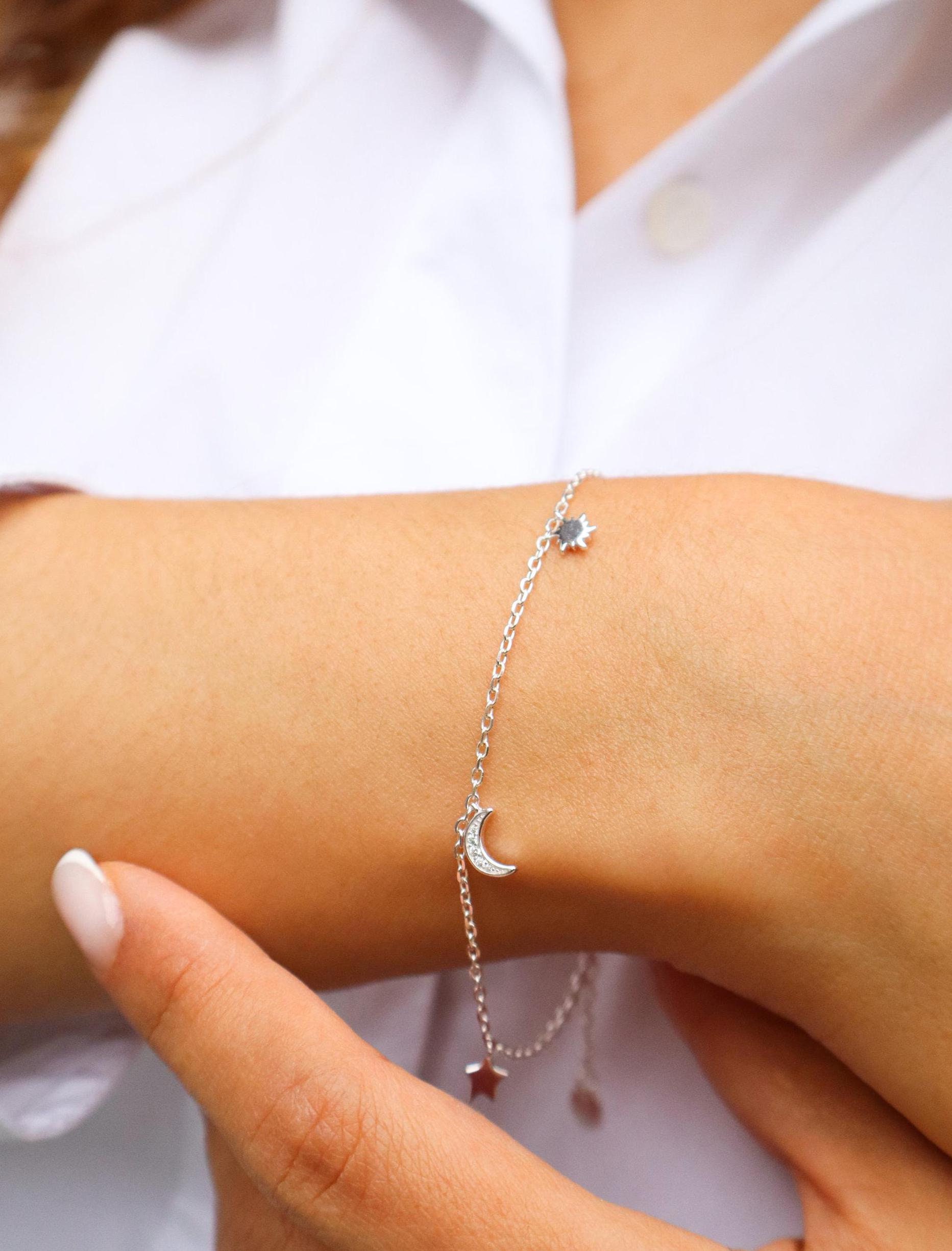 Silver Star Bracelet, Dainty Bracelet, Moon Bracelet, Sun and Moon
