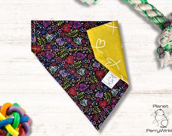 Sunny Paisley Over the Collar Pet Bandana - Dog or Cat Scarf - Valentine's Day, Yellow Hearts, Love - Pet Accessory