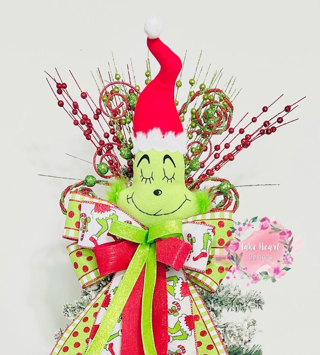 Grinch Christmas Tree Topper: Wired Ribbon & Glitter Picks - Etsy