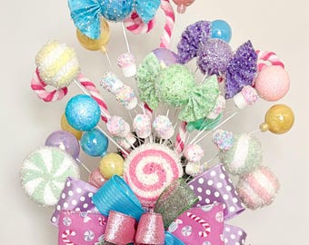 Candyland Christmas Tree Topper,  Lollipops & Glitter Picks, Candy Christmas Decor, Pastel Christmas Tree Topper