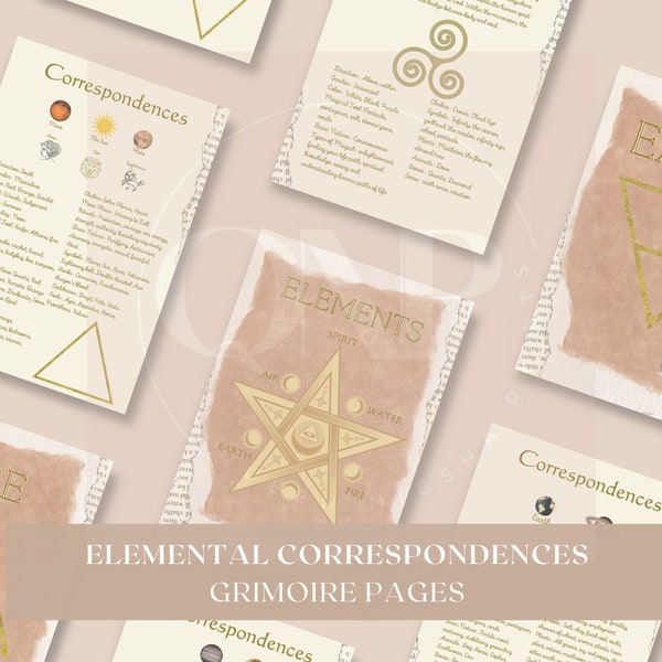Element Correspondences 8.5x11 | 6x9 Grimoire Book of Shadows Elemental Inserts | Digital Download Earth Air Fire Water Spirit Printables