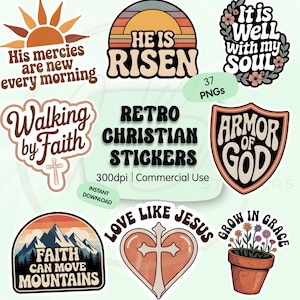 May include: A selection of retro Christian stickers with diverse designs. The stickers display phrases such as "He is Risen," "Armor of God," and "Faith Can Move Mountains." The colour scheme incorporates warm shades of orange, brown, and green, with a vintage aesthetic.
