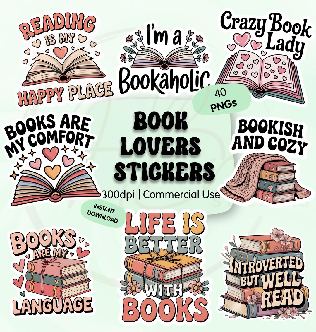 Book Lover Digital PNG Sticker Bundle, Reading Quotes Printable Designs ...