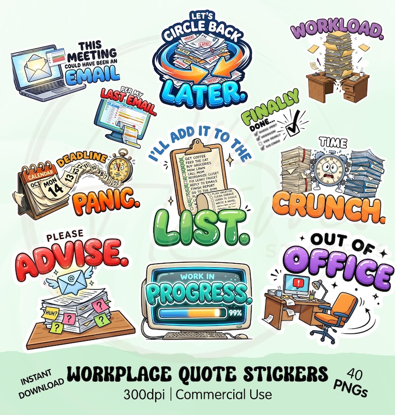 Workplace Sarcasm Digital PNG Sticker Bundle, Office Humor Quotes ...