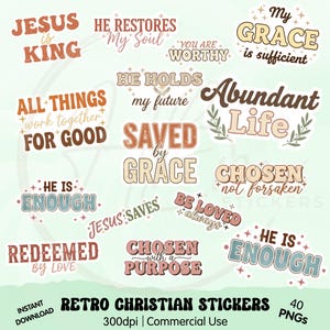 Könnte beinhalten: Eine Sammlung von christlichen Aufklebern im Retro-Stil mit verschiedenen inspirierenden Phrasen in Braun, Beige und Blau. Zu den Phrasen gehören „Jesus ist König“, „Gerettet durch Gnade“ und „Reichliches Leben“. Die Aufkleber sind als Sofort-Download erhältlich.