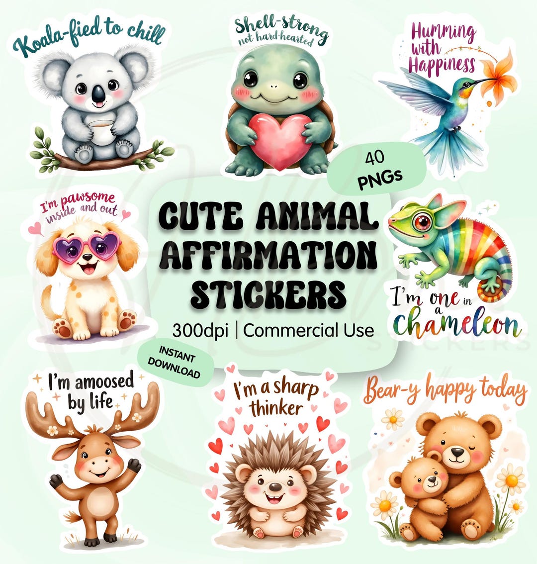 Kawaii Animal Affirmation PNG Sticker Bundle, Motivational Mental ...