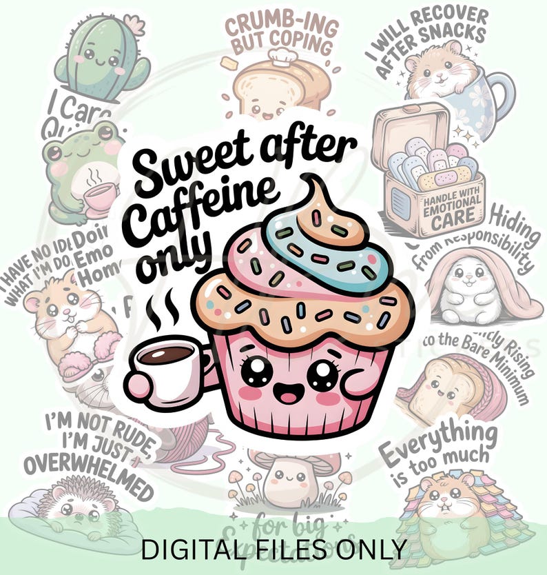 Cute Kawaii Self Care PNG Digital Sticker Bundle, Burnout Mental Health ...