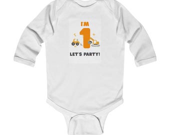 Ik ben 1 jaar! Laten we een feestje vieren! Babyrompertje met bouwvoertuigen | Eerste verjaardag