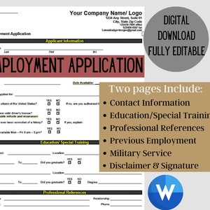 Employment Application Template Editable Job Application for Hire New Employee HR Template Human Resources Form Hiring Document Editable