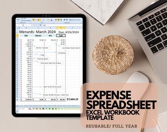 May include: A digital tablet displaying a spreadsheet with the title "Menards: March 2024 Due: 4/26/2024". The spreadsheet lists various home improvement items and their associated costs. The total cost is $7,664.23. The image also shows a laptop computer, a mouse, and a woven coaster.