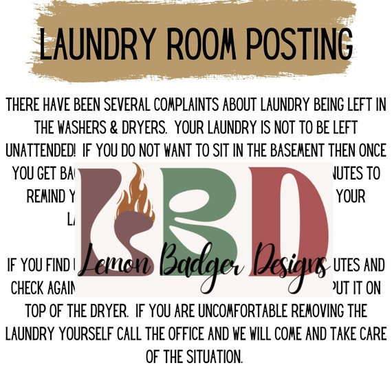 Tenant Laundry Posting, Apartment Laundry Issues, Posting for Laundry Room, Shared Laundry Facilities, Basement Washer and Dryer Notice