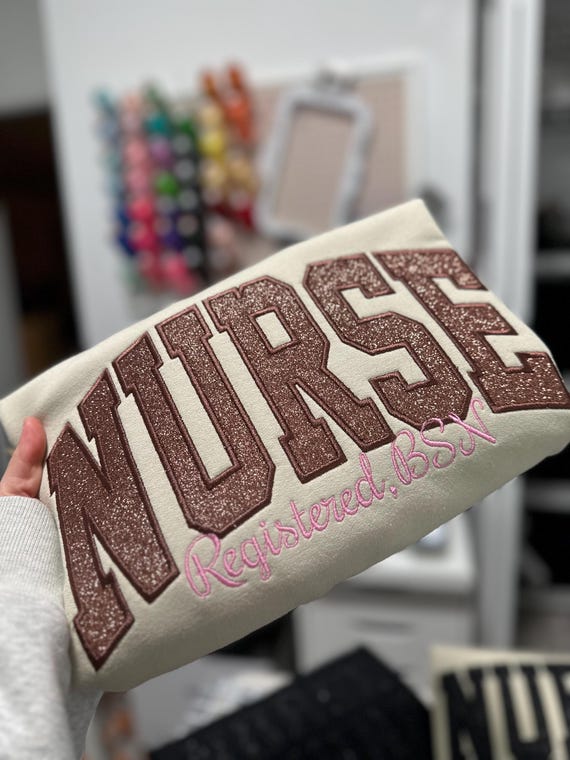 Embroidered Nurse Sweatshirt, Custom Nursing Grad Sweater, Personalized RN Sweatshirt, Graduation Gift Glittery nurse embroidered sweatshirt