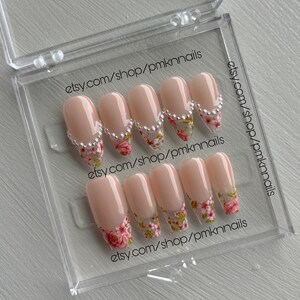 pink flower french tip press on nails