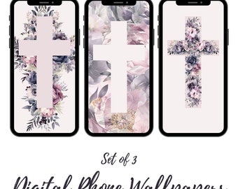 May include: Set of three digital phone wallpapers featuring a white cross with a floral design in shades of purple, pink, and gray.