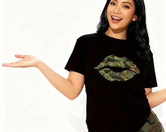 Camo Lips T-Shirt | Women's Short Sleeve Graphic Tee, Soft Knit Streetwear