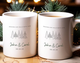 Matching Couples Christmas Mugs, Deck Our Halls With Love Couple's Mugs, Minimalist Christmas Design, Newlyweds, His and Hers, Couples Gift