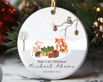 Personalized First Christmas Woodland Animals Ornament, Personalized Baby Name, Personalized Baby's 1st Christmas Ornament, New Baby Gift