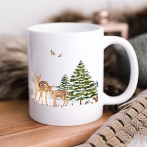 Cute Christmas Mug, Woodland Winter Wonderland Mug, Deer and Woodland Scenery Mug,, Cottage Core Design, Christmas For Her, Christmas Gift