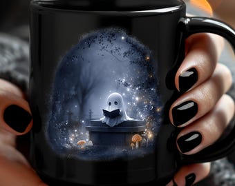 Cute Halloween Ghost Mug, Cute Ghost Reading a Book, Gift for Book Lovers, Spooky Coffee Cup, Warm Fall Mug, Bookish Theme