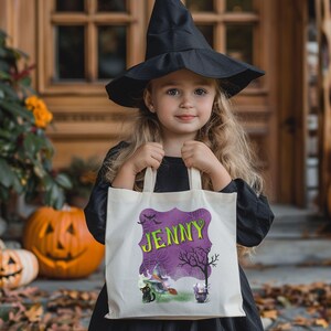 Personalisierte Halloween Einkaufstasche, Benutzerdefinierte Skelett Hexe Geist & Kürbis Süßes oder Saures Taschen, schwarze oder natürliche Baumwollsegeltuchtasche, Kindergeschenk
