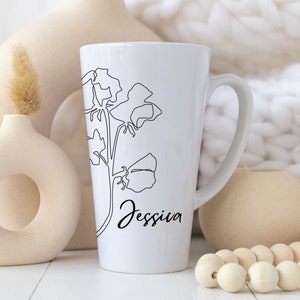 Gepersonaliseerde geboortebloemmok, aangepaste naammok, gepersonaliseerd cadeau, cadeau voor moeder, botanische glazen mok, bruidscadeau, aangepast kerstcadeau