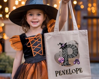 Personalized Halloween Tote Bag, Custom Monogram Trick or Treat Bag, Black & Natural Bag Colors, Bats, Halloween Gift For Kids, Pumpkins
