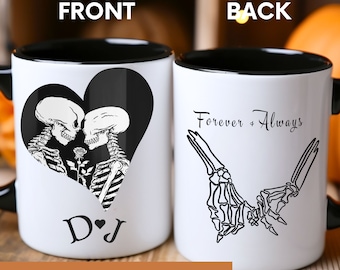 Halloween Couple Matching Mugs, Forever Always, Skeletons Embrace - Custom Initials, Newlyweds, His and Hers, Love, Romantic Halloween