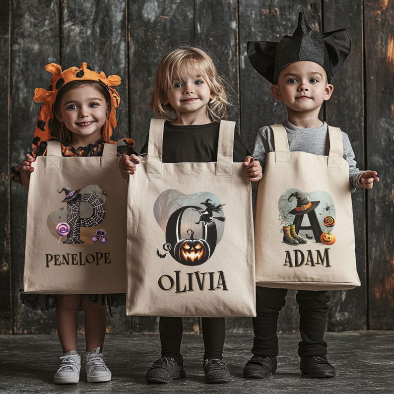 Peut inclure: Trois enfants d&eacute;guis&eacute;s pour Halloween tiennent des sacs de bonbons personnalis&eacute;s. Les sacs sont en toile et repr&eacute;sentent une sorci&egrave;re, une citrouille et une toile d'araign&eacute;e. Les sacs sont personnalis&eacute;s avec les noms "Olivia", "Adam" et "Penelope".